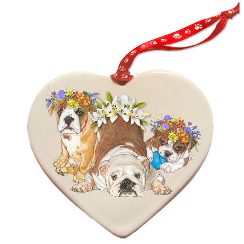 Bulldog Porcelain Floral Heart Shaped Ornament Décor Double-Sided