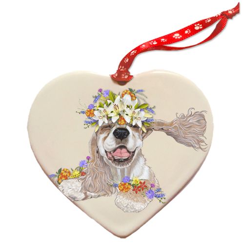 Cocker Spaniel Porcelain Floral Heart Shaped Ornament Double-Sided