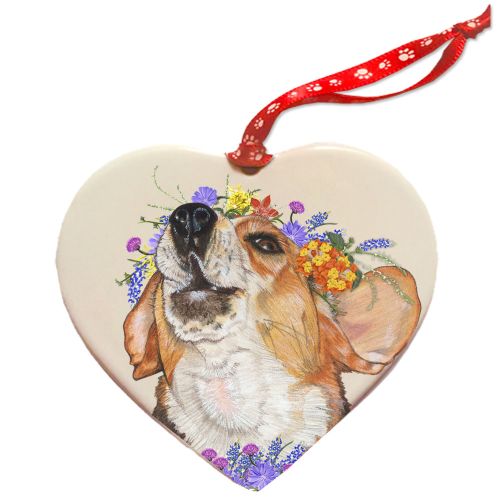 Beagle Porcelain Floral Heart Shaped Double-Sided Ornament Décor