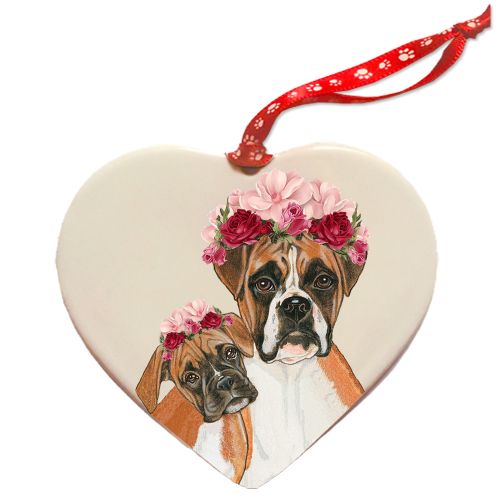 Boxer Porcelain Floral Heart Shaped Ornament Décor Double-Sided