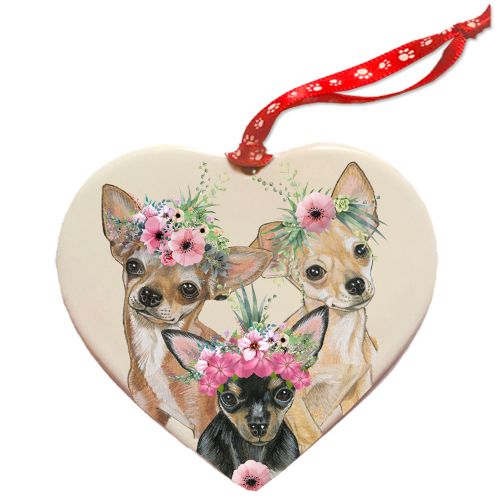 Chihuahua Porcelain Floral Heart Shaped Ornament Double-Sided
