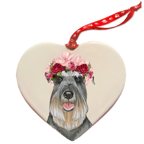 Schnauzer Dog Porcelain Floral Heart Shaped Ornament Décor Pet Gift
