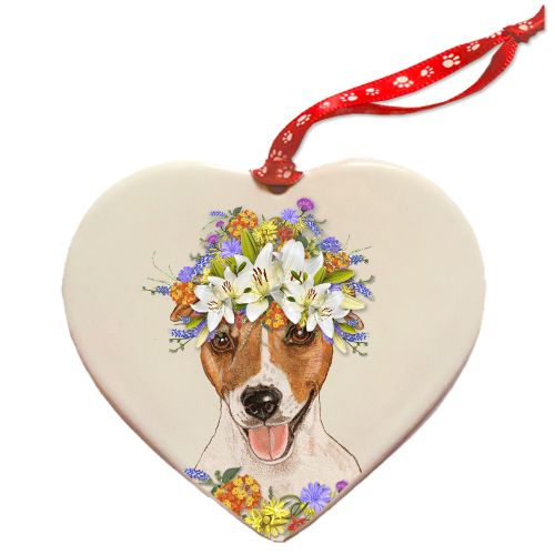 Jack Russell Terrier Dog Porcelain Floral Heart Shaped Ornament Décor Pet Gift