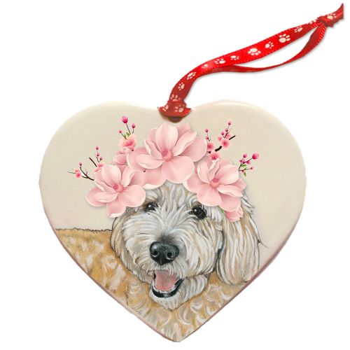 Goldendoodle Labradoodle Dog Porcelain Floral Heart Shaped Ornament Décor Pet Gift