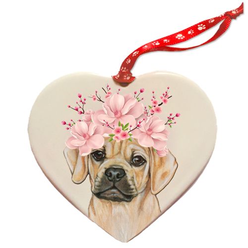 Puggle Dog Porcelain Floral Heart Shaped Ornament Décor Pet Gift
