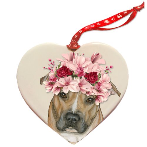 Pit Bull Dog Porcelain Floral Heart Shaped Ornament Décor Pet Gift