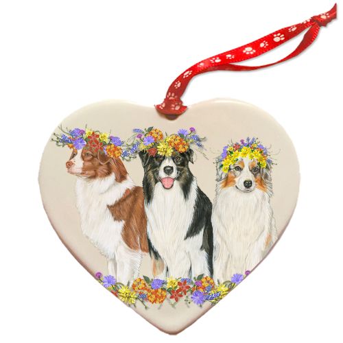 Australian Shepherd Porcelain Floral Heart Shaped Ornament Double-sided 