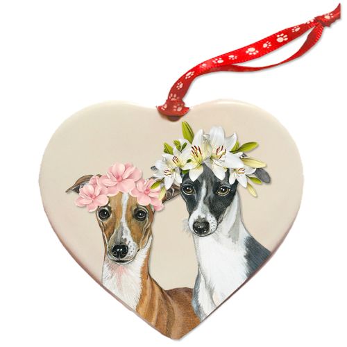 Italian Greyhound Dog Porcelain Floral Heart Shaped Ornament Décor Pet Gift