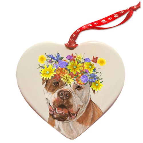 American Bulldog Porcelain Floral Heart Shaped Ornament Double-Sided  