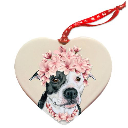 Pit Bull White with Black Pit Bull Dog Porcelain Floral Heart Shaped Ornament Décor Pet Gift