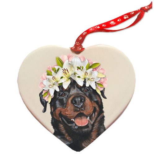 Rottweiler Rottie Dog Porcelain Floral Heart Shaped Ornament Décor Pet Gift