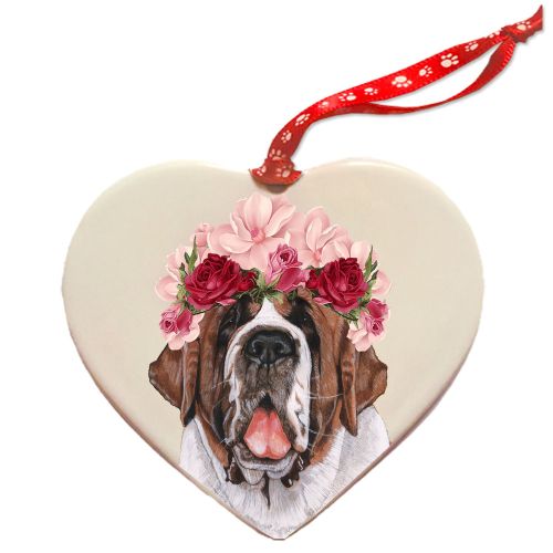 Saint Bernard Dog Porcelain Floral Heart Shaped Ornament Décor Pet Gift
