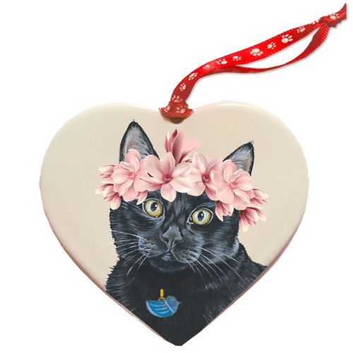 Cat Black Kitty Porcelain Floral Heart Shaped Ornament Double-Sided
