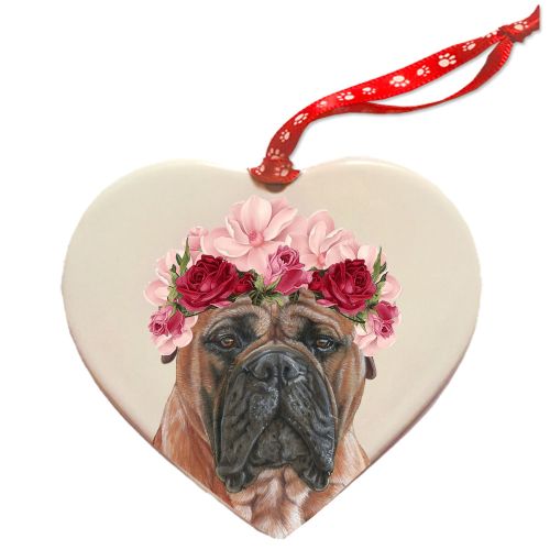 Bullmastiff Porcelain Floral Heart Shaped Ornament Double-Sided