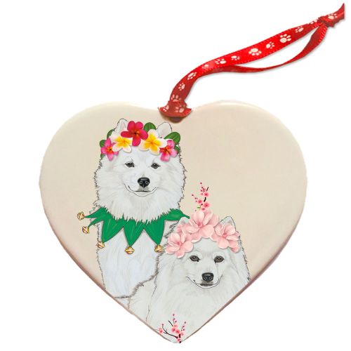 American Eskimo Porcelain Floral Heart Shaped Ornament Double-Sided 