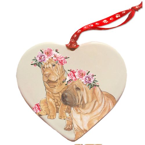 Shar Pei Chinese Dog Porcelain Floral Heart Shaped Ornament Décor Pet Gift