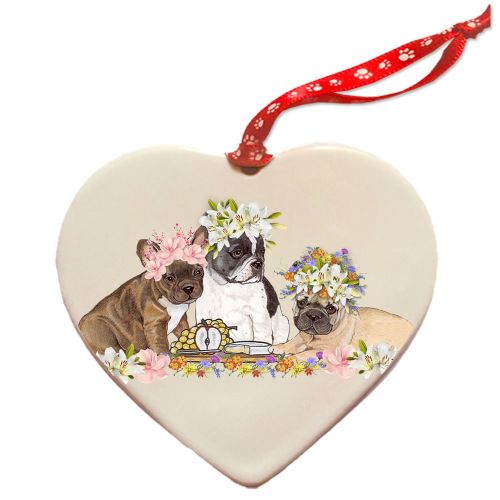 French Bulldog Porcelain Floral Heart Shaped Ornament Double-Sided