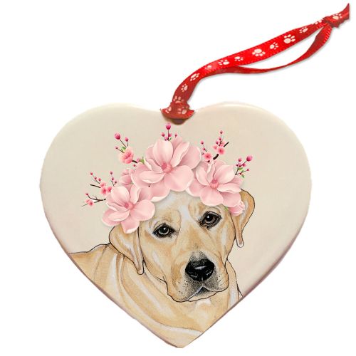 Labrador Retriever Yellow Lab Dog Porcelain Floral Heart Shaped Ornament Décor Pet Gift