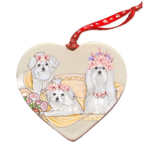 Maltese Dog Porcelain Floral Heart Shaped Ornament Décor Pet Gift