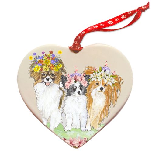 Papillon Dog Porcelain Floral Heart Shaped Ornament Décor Pet Gift