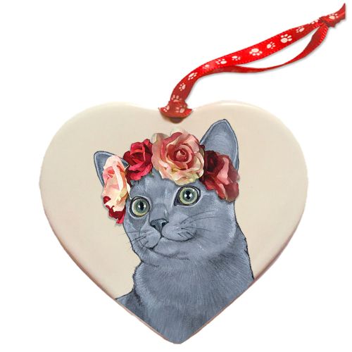 Russian Blue Cat Porcelain Valentine’s Day Heart Ornament Pet Gift