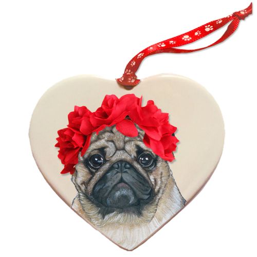Pug Porcelain Valentine’s Day Heart Ornament Pet Gift