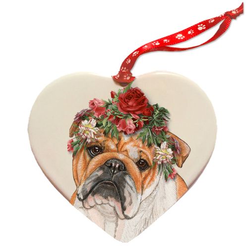 Bulldog Porcelain Valentine’s Day Heart Ornament Double-Sided