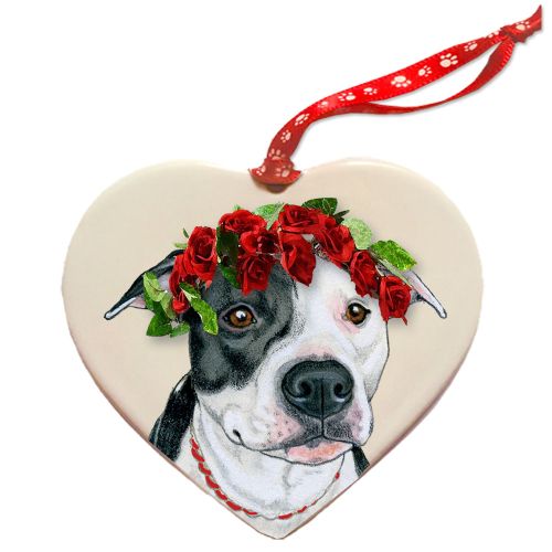 Pit Bull White and Black Pit Bull Porcelain Valentine’s Day Heart Ornament Pet Gift