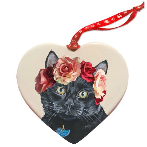 Black Cat Porcelain Valentine’s Day Heart Ornament Double-Sided