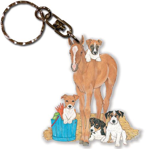 Jack Russell Terriers with Horse Keychain Wooden
