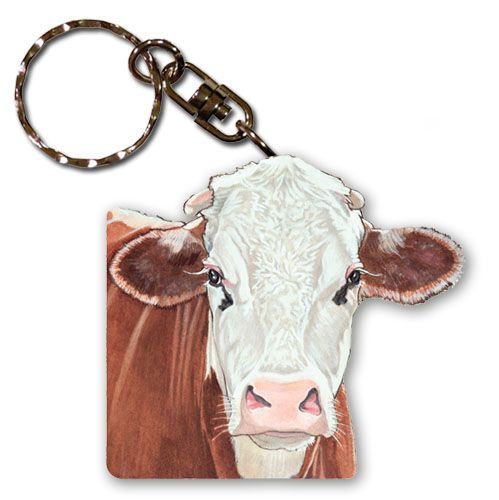 Cow Brown And White Hereford Cow Keychain Wooden