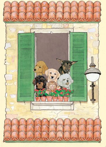 Dogs with Cats at the Villa Birthday Card 5 x 7 with Envelope