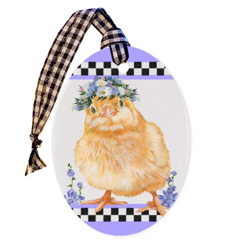 Chicken Baby Chick Floral Ceramic Oval Shaped Ornament Double-sided