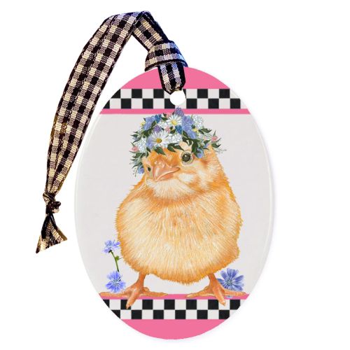 Chicken Baby Chicks Floral Ceramic Oval Shaped Ornament Double-Sided