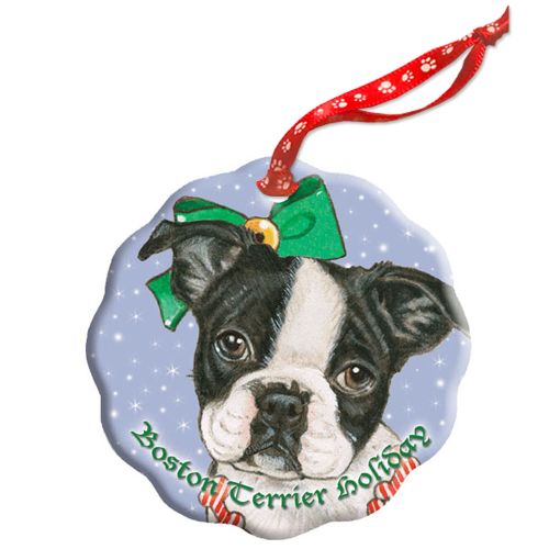 Boston Terrier Holiday Porcelain Christmas Tree Ornament Double-Sided