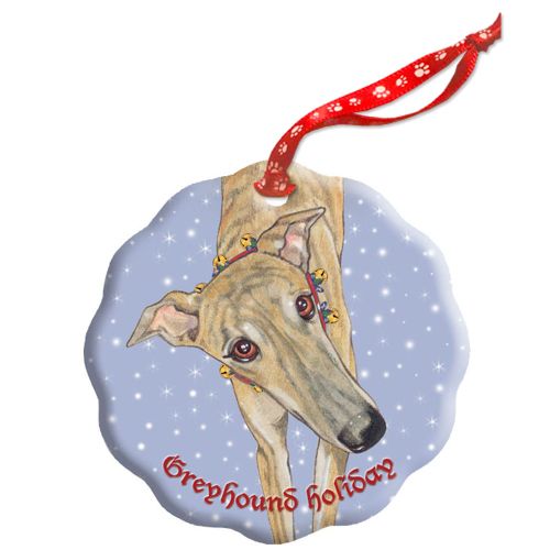 Greyhound, Brindle Greyhound, Holiday Porcelain Christmas Tree Ornament Double-Sided