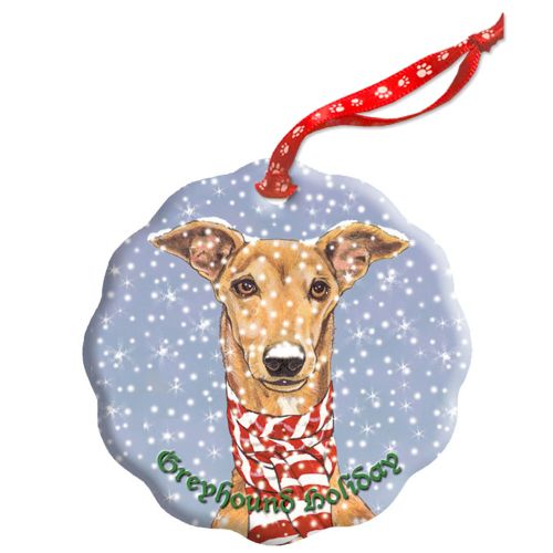 Greyhound, Fawn Greyhound, Holiday Porcelain Christmas Tree Ornament Double-Sided