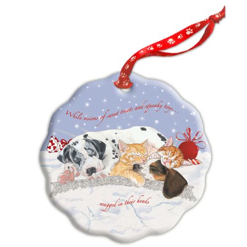 Dog with Cat Napping Holiday Porcelain Christmas Tree Ornament