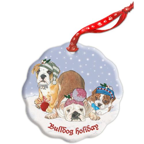 Bulldog Holiday Porcelain Christmas Tree Ornament Double-Sided