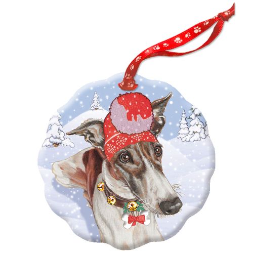 Greyhound Brindle and White Holiday Porcelain Christmas Tree Ornament Double-Sided