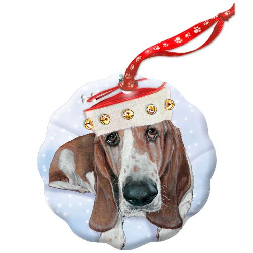 Basset Hound Bells Holiday Porcelain Christmas Tree Ornament Double-sided