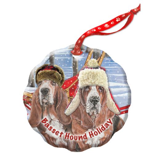 Basset Hound Holiday Trail Porcelain Christmas Tree Ornament Double-Sided