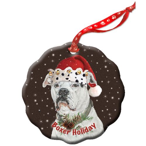 White Boxer Holiday Porcelain Christmas Tree Ornament Double-Sided