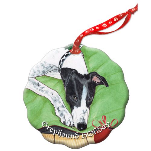 Greyhound, Black and White Greyhound, Holiday Porcelain Christmas Tree Ornament Double-sided