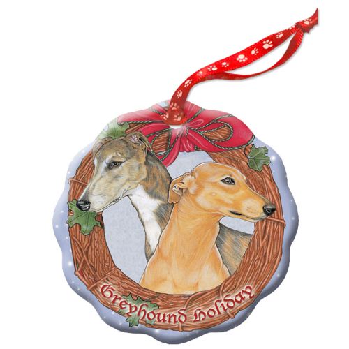 Greyhound, Brindle and Fawn Greyhound, Holiday Porcelain Christmas Tree Ornament