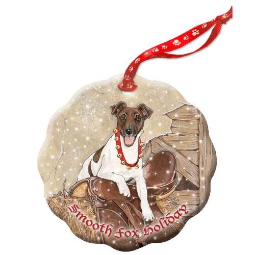 Fox Terrier Smooth Holiday Porcelain Christmas Tree Ornament Double-Sided