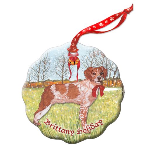 Brittany Spaniel Holiday Porcelain Christmas Tree Ornament Double-Sided