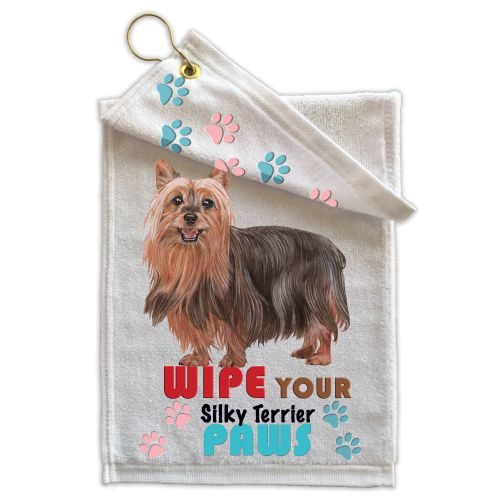 Silky Terrier Paw Wipe Towel 11" x 18" Grommet with Clip