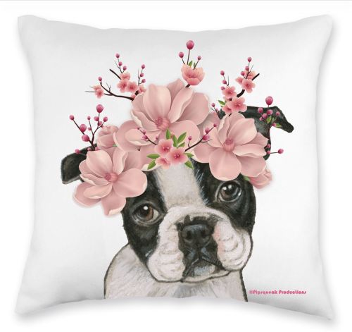 Boston Terrier Floral Throw Pillow, Decorative Pillow, Cute Dog Accent Pillow, Spring Summer Home Decor, Pet Lover Gift