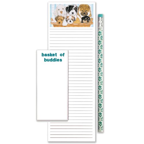 Dog Basket of Buddies To Do List Magnetic Shopping Pad Notepad & Pencil Gift Set